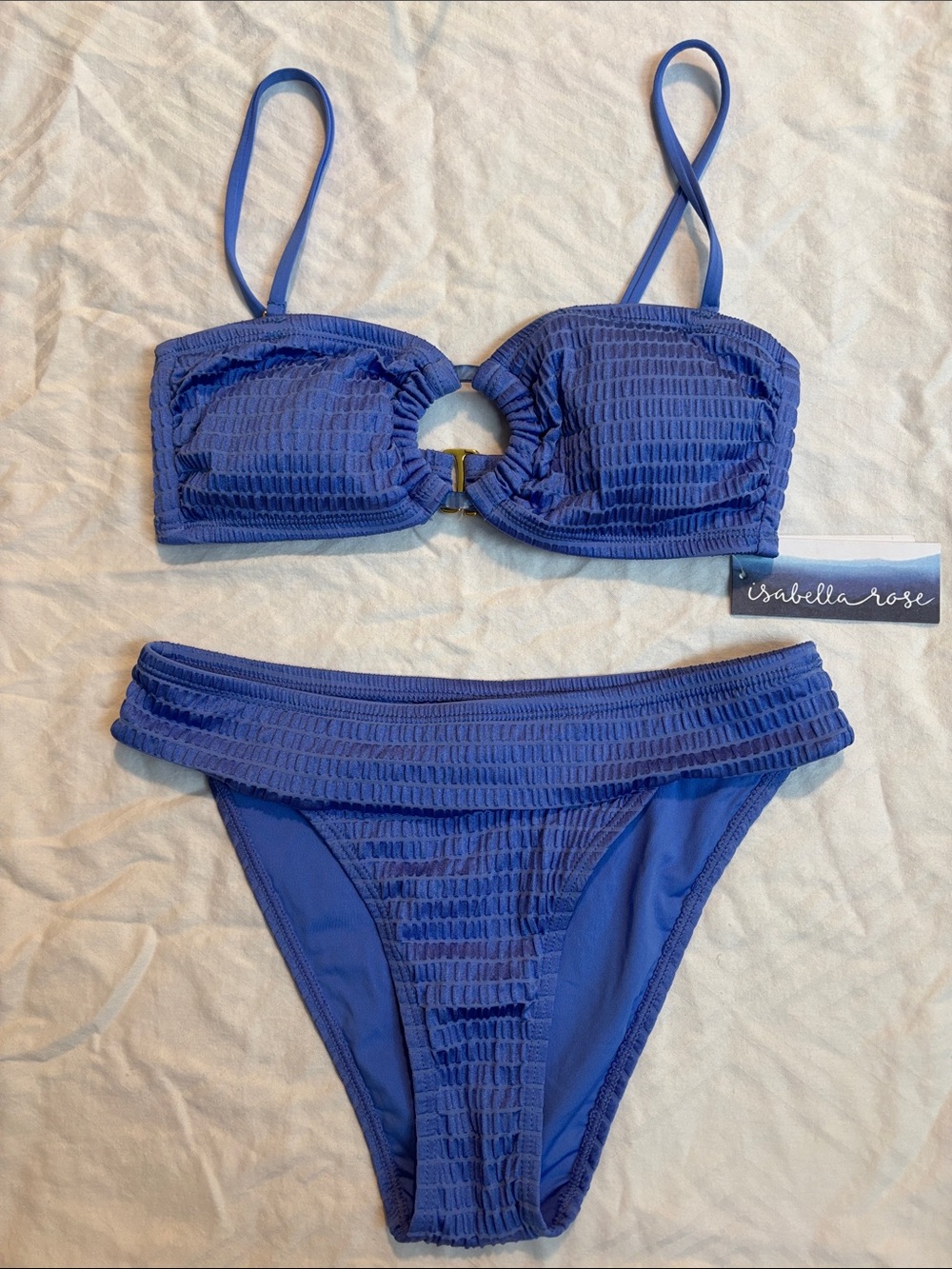Isabella Rose High Waist Bandeau Bikini Set Blue Textured Size Small Top/Bottom